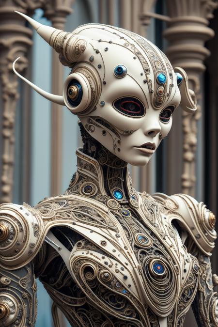 fantchar, a futuristic robotic alien as a model in a photoshoot, wearing an ornate embroidered dress, high fashion, couture, realistic, intricate, highly detailed