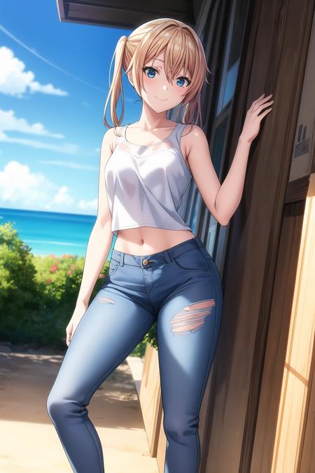 1girl, bangs, dark blue eyes, blonde hair, hair between eyes, medium hair, looking at viewer, smile, solo, twintails, homare_onishima, blue pants, collarbone, denim, jeans, midriff, navel, outdoors, pants, sandals, shirt, solo, torn clothes, torn jeans, torn pants, <lora:add_detail:0.7>