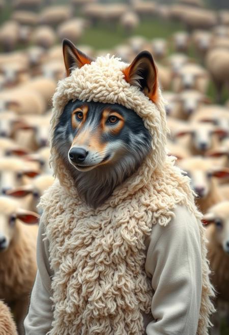 wolf wearing sheep costume, many sheep in the background,
