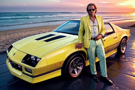 camaroirocz (portrait of a man:1.2) wearing the 80's summer suit and sunglasses leaning on a yellow car parked by the beach at dusk, high resolution, high quality, intricate detail, very sharp <lora:hjcamaroirocz_v20:0.8>