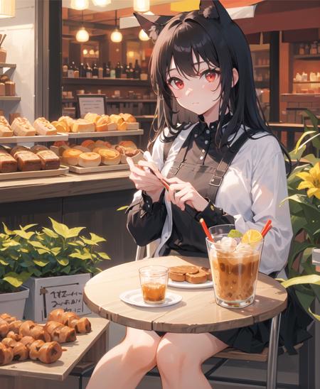 (masterpiece), (best quality), (intricate_details:1.1), (finely detailed:1.4), (distinct_image:1.2), (cafe background), solo girl, cute, (face focus), shiny red eyes/black hair, cat ears, smooth lighting, black shirt, [skirt],