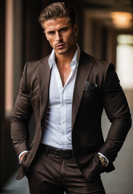 raw photo, full body, beautiful man, Mafia man, exudes confidence,  brown hair
