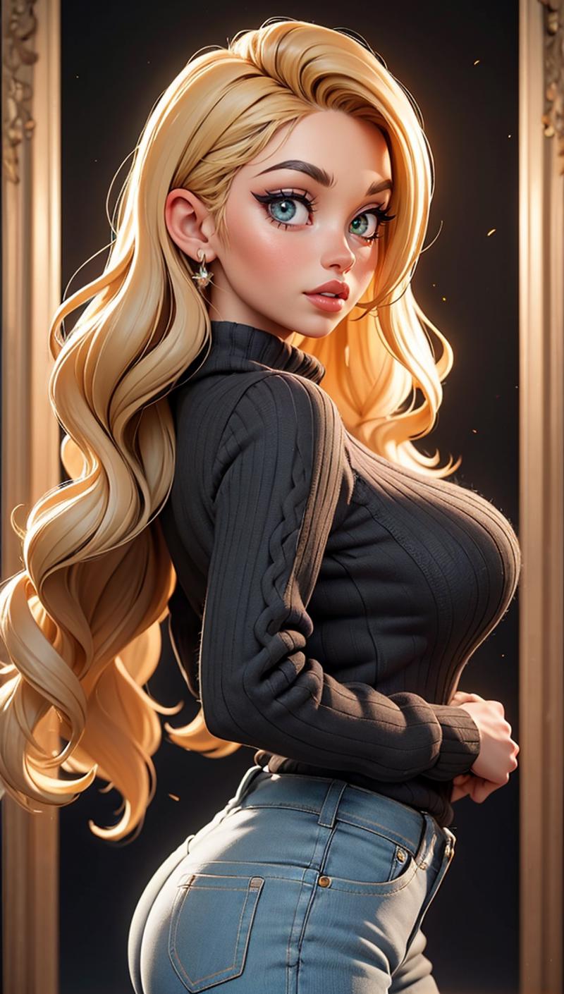 A cartoon image of a woman with blonde hair, wearing a black sweater and earrings.
