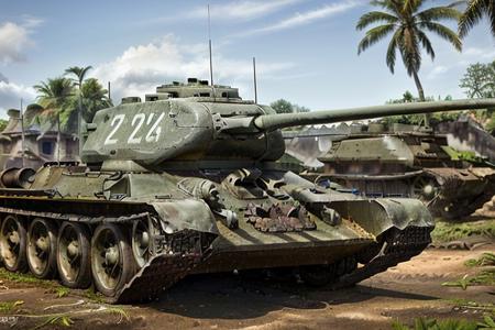 Tank t34 in tropical city, (tropical island background), shooting, day time, High Detail, Sharp focus, ((photorealism)), realistic, best quality, 8k, side view, sun in the sky