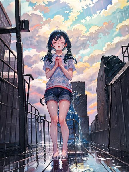 masterpiece, best quality, 1girl, solo, <lora:hin-5:1>, amano_hina, twintails, shorts, city, blue sky, shiny, closed eyes,cloudy sky,  wet, wet hair, praying, standing, dynamic angle, the roof of a building, after the rain, hand to hand, close