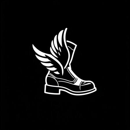 (stylized logo, emblem, vector art), (symbol of a boot with a wing), (solid colors, thick-linework), white outline, black background, 
boot with a wing symbol white in the center, heraldic, black background, HDR, UHD,