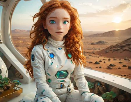 stylized digital anime image of Alina01 sitting inside of a glass habitat on mars watching the sunset, wearing a white space suit, freckles, big blue green eyes, in natural lighting