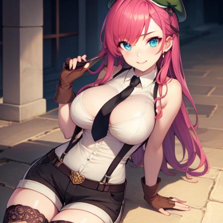 (masterpiece:1.2),best quality,high resolution,unity 8k wallpaper,(illustration:0.8),(beautiful detailed eyes:1.6),extremely detailed face,extremely detailed CG,intricate details,high detailed,ultra-detailed,patio,lady,solo,large breasts,gloves,suspenders,shorts,long hair,necktie,seductive smile,beret,pink hair,fingerless gloves,blue eyes,black thighhighs,sleeveless,shirt,suspender shorts, <lora:TNT-Novice femaleV1.6:0.6>