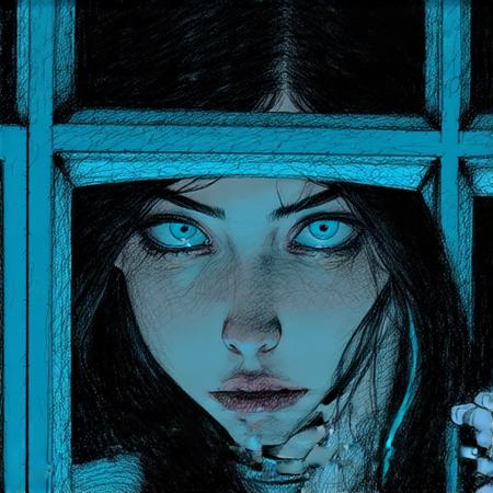 and drawing techniques. The woman's face is rendered in a photorealistic style, and blue. The figure's hair is dark and stringy, elongated face with large, viewed through a window. The style is whimsical and somewhat surreal, This is a digital drawing with a distinctive, dark color, reminiscent of a surreal or fantastical illustration. The scene depicts four people inside a car, wide-set eyes, round eyes and a small mouth, light brown hair and a serious