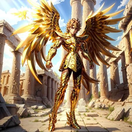 <lora:SagittariusArmor:0.6>, masterpiece, best quality, masterpiece, detailed face, detailed eyes, full body,  1boy, SagittariusArmor,  armor, long  golden wings,  attack pose on an ancient greek battlefield ruins, ((anime)), headband