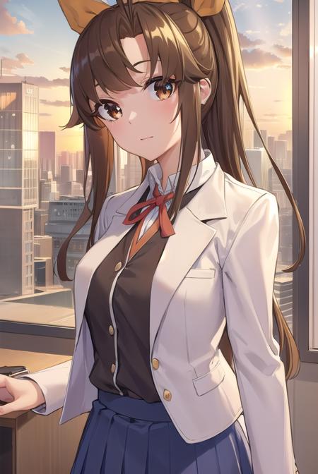 hiyorinatsuno, <lora:hiyori natsuno manga-lora-nochekaiser:1>,
hiyori natsuno, long hair, bangs, brown hair, ribbon, (brown eyes:1.5), hair ribbon, ponytail, red ribbon,
BREAK skirt, shirt, thighhighs, bow, school uniform, jacket, white shirt, neck ribbon, blue jacket,
BREAK indoors, classroom,
BREAK looking at viewer, (cowboy shot:1.5),
BREAK <lyco:GoodHands-beta2:1>, (masterpiece:1.2), best quality, high resolution, unity 8k wallpaper, (illustration:0.8), (beautiful detailed eyes:1.6), extremely detailed face, perfect lighting, extremely detailed CG, (perfect hands, perfect anatomy),