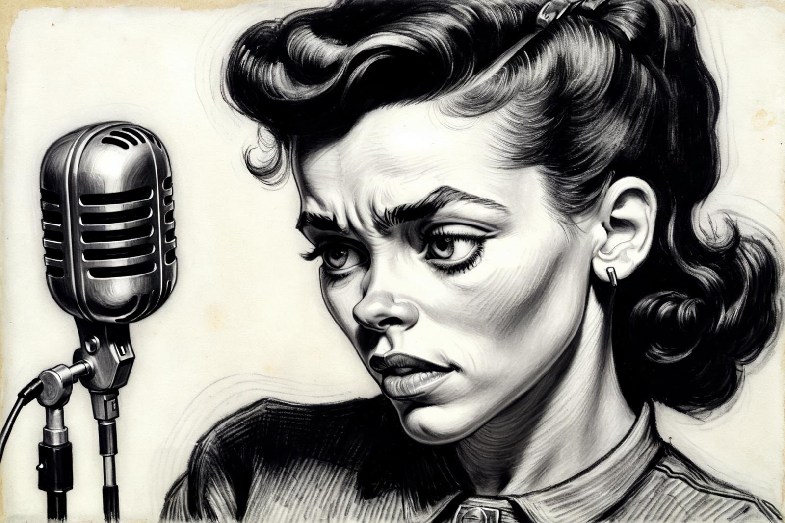 Drawing of a Woman with a Microphone Staring at the Camera