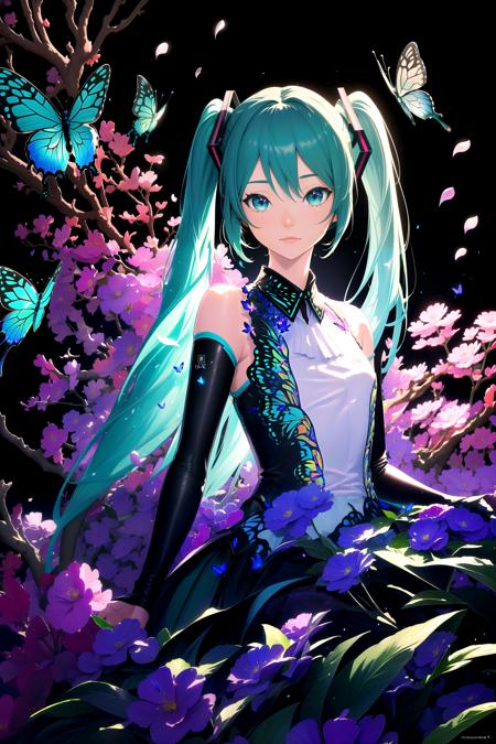 (masterpiece, best quality, highres), 1girl, hatsune miku, solo, upper body,
BREAK
dark background, black background, depth of field,
fractals, lineart background, colorful background, flowers, petals,
rim lighting, crystals, cave, butterfly, vegetation,