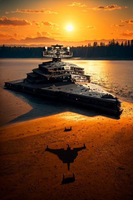 A StarDestroyer silhouette by the sun, (intricate details:1.12), hdr, (intricate details, hyperdetailed:1.15), (natural skin texture, hyperrealism, soft light, sharp:1.2), game art, key visual, surreal <lora:StarDestroyerLora-10:1>