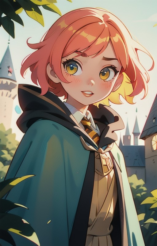 1girl, short pink hair,(hufflepuff House Cloak),( inner cloak yellow:1), (outer cloack black:1),yellow eyes, looking at vi...