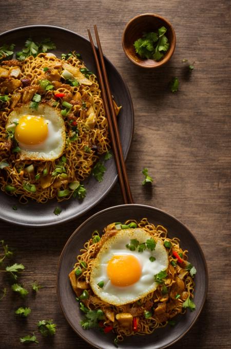 food, photography, 1 plate miegoreng with one egg fried on plate, wooden table, details, hot, soft focus, dramatic light, low ligt, blurry background <lora:ARWmiegoreng:1> <lora:add_detail:1>