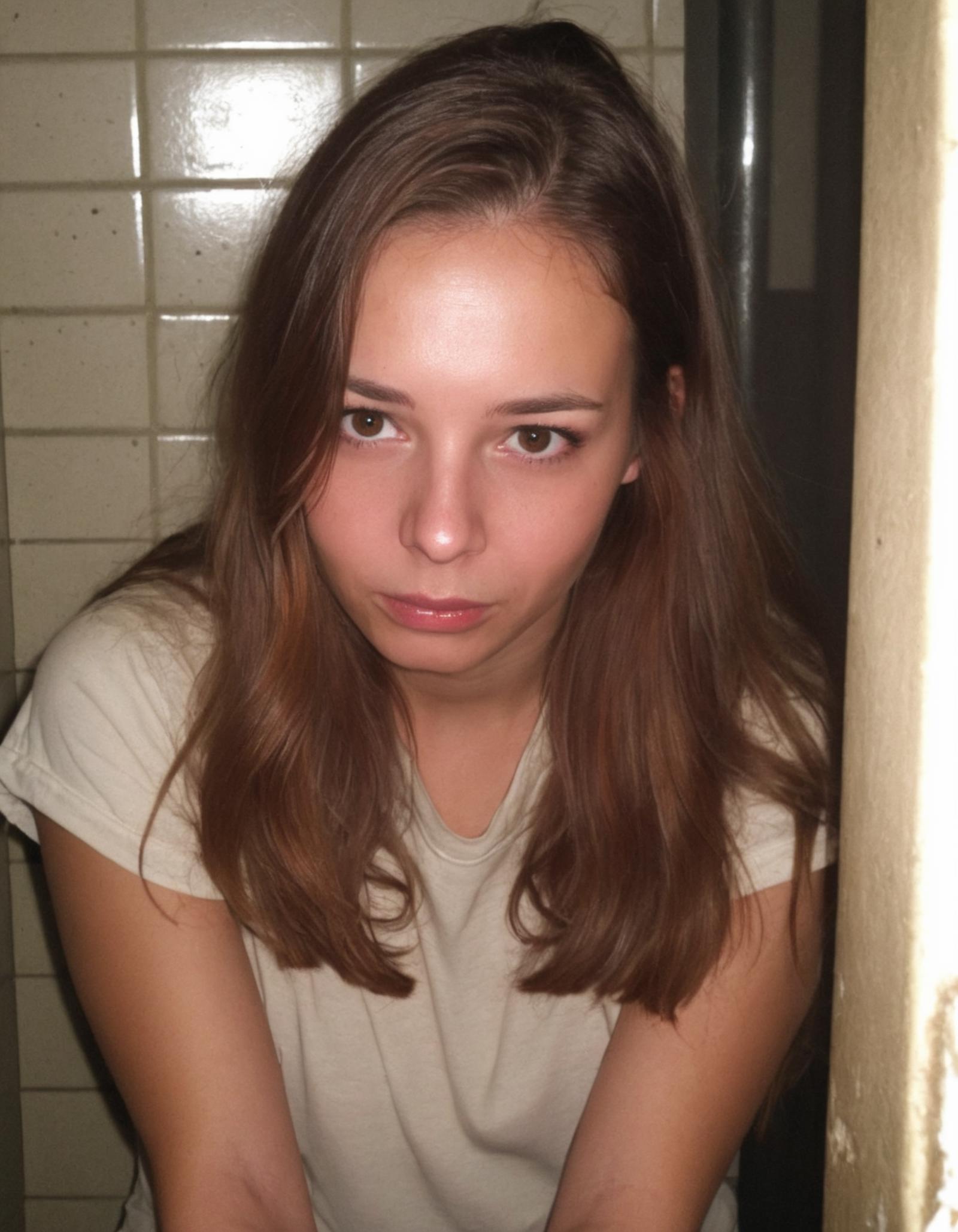 A young woman with brown hair and a white shirt, looking serious.