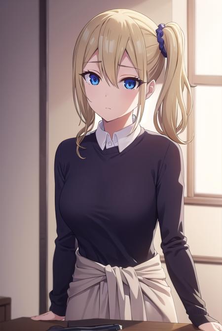 aihayasaka, <lora:ai hayasaka s3-lora-nochekaiser:1>,
ai hayasaka, bangs, blue eyes, blonde hair, hair ornament, hair between eyes, sidelocks, side ponytail, scrunchie, hair scrunchie, blue scrunchie,
BREAK shirt, long sleeves, school uniform, shoes, socks, sweater, cardigan, black socks, clothes around waist, shuuchiin academy school uniform, sweater around waist, cardigan around waist,
BREAK indoors, classroom,
BREAK looking at viewer, (cowboy shot:1.5),
BREAK <lyco:GoodHands-beta2:1>, (masterpiece:1.2), best quality, high resolution, unity 8k wallpaper, (illustration:0.8), (beautiful detailed eyes:1.6), extremely detailed face, perfect lighting, extremely detailed CG, (perfect hands, perfect anatomy),