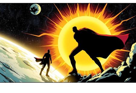 Comic book, a 'super hero' stupidly brings the sun to the Earth's surface, chaos ensues,