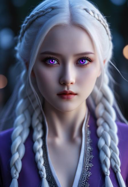 cinematic photo Tilt-shift photo of  <lora:Abstract Concept-Chaos:0.25>, . , .Selective focus, highly detailed, vibrant, perspective control,, <lora:Waifu Style-Du Qiong-000008:0.25>,Du Qiong,, 1girl,long silver-white hair pale as moonlight,Targaryen lineage,hair is worn in intricate braids,large violet eyes noted for their intensity and otherworldly quality,pale smooth skin with a creamy complexion with an almost luminous quality,striking beauty,slim and petite build, . 35mm photograph, film, bokeh, professional, 4k, highly detailed