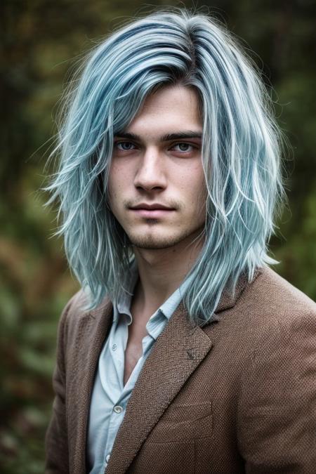 realistic analog photo, award winning photo, amateur photography, 
head on analog photo of a ((young man)), pretty man, 19 years old, pale skin,
fit body, toned body, lithe body, ((pale blue hair, thick hair, messy hair)),
oblong face, fine features, arched eyebrows
heterochromia, round eyes, 
fleshy upturned nose,
 thin lips, upturned lips
seductive smile, alluring, parted lips, hand in hair,  
high-quality, crisp, sharp, professional-grade, high-resolution, fine detail, accurate colors, low noise, fast shutter speed, wide dynamic range, precise focus
RAW, highres, 8k, uhd, High Dynamic Range, tonemapping, crisp details,