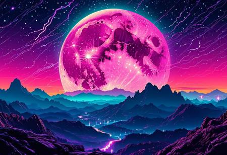 retro-futuristic gand screen with a vibrant, neon color palette. The background features a starry night sky with a large, glowing moon on the left side, and jagged mountains silhouetted against a gradient of purple and pink. Bright lightning bolts strike down from the left side, adding a dynamic element. The foreground has a grid pattern in teal, extending towards the horizon, giving a sense of depth. The overall aesthetic should evoke a nostalgic 80s arcade game feel.