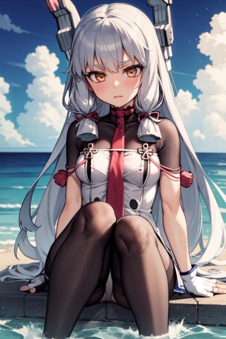 <lora:murakumo:1>,1girl, murakumo (kancolle), solo, torn clothes, pantyhose, long hair, murakumo kai ni (kancolle), gloves, torn pantyhose, headgear, dress, grey hair, blush, fingerless gloves, necktie, ribbon, hair ribbon, black pantyhose, thighband pantyhose, red necktie, sky, tress ribbon, sidelocks, sitting, white gloves, looking at viewer, bangs, breasts, panties, wet, underwear, orange eyes, blue sky, small breasts, day, cloud, water