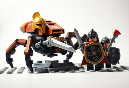 Painterly depiction in the style of Raphael and infused with the complex visual depth reminiscent of Houdini renderings. A dramatic scene featuring a brown and black Lego spider robot with a prominent gold helmet, its eight-legged form poised for action on a gray baseplate. It holds a sword and shield, joined by two Lego minifigures, one with a sword, one with a shield, their small plastic figures imbued with character and intensity. The background is a striking, perhaps subtly textured or dramatically lit white. The image employs sharp lines and brush strokes, stunning and harmonious colors, multi-colored accents. Grammer Effect Style applied for a unique visual texture. Beautiful detailed eyes on the minifigures. Impeccable composition, beautiful matte painting finish. High-res, 4K, Exceptional Quality, More Detail, Super Detailed Face and Eyes and Clothes, Handcrafted with Precision, High Quality, Balanced Editing.