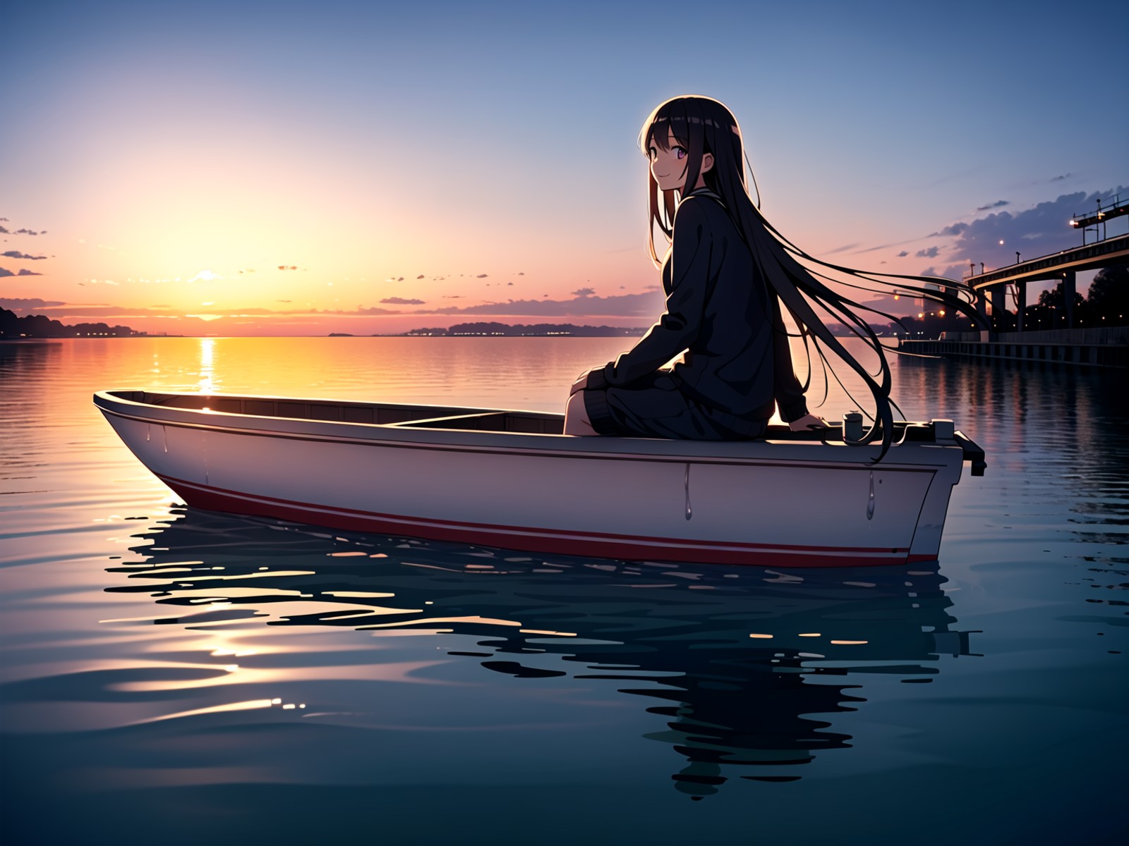 1girl, long hair, black,water,sunset,light reflection \(water\), ship, sitting, on water, light,looking at viewer, light s...