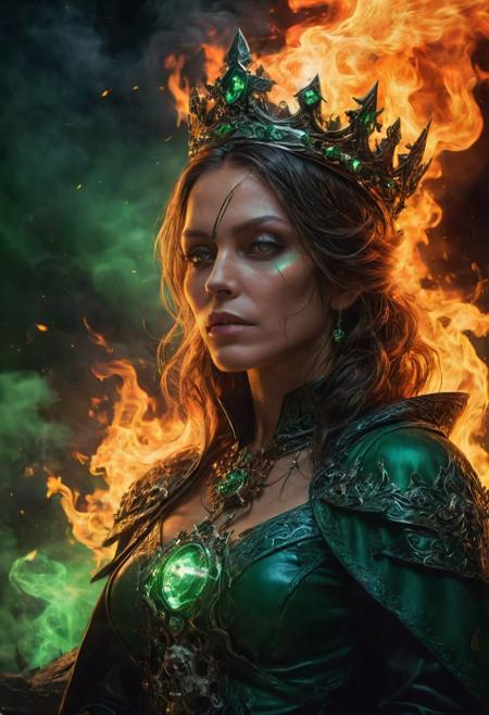 ((Full-length photograph / whole body photograph of the (evil sorceress) wearing black leather robes with (a necklace of skulls) and a (crown of fire)  , standing in a poisonous faint green fog, with an (obsidian tower) behind it)), 
:BREAK:
((Perfect photograph, strong fisheye-lens photograph (intense fisheye-view photograph), strong bokeh, cinematic photograph, experimental low angles, cinematic heaven, warm angelic lighting, intricately detailed, very detailed background, realisticvision-negative-embedding, epiCRealism ))