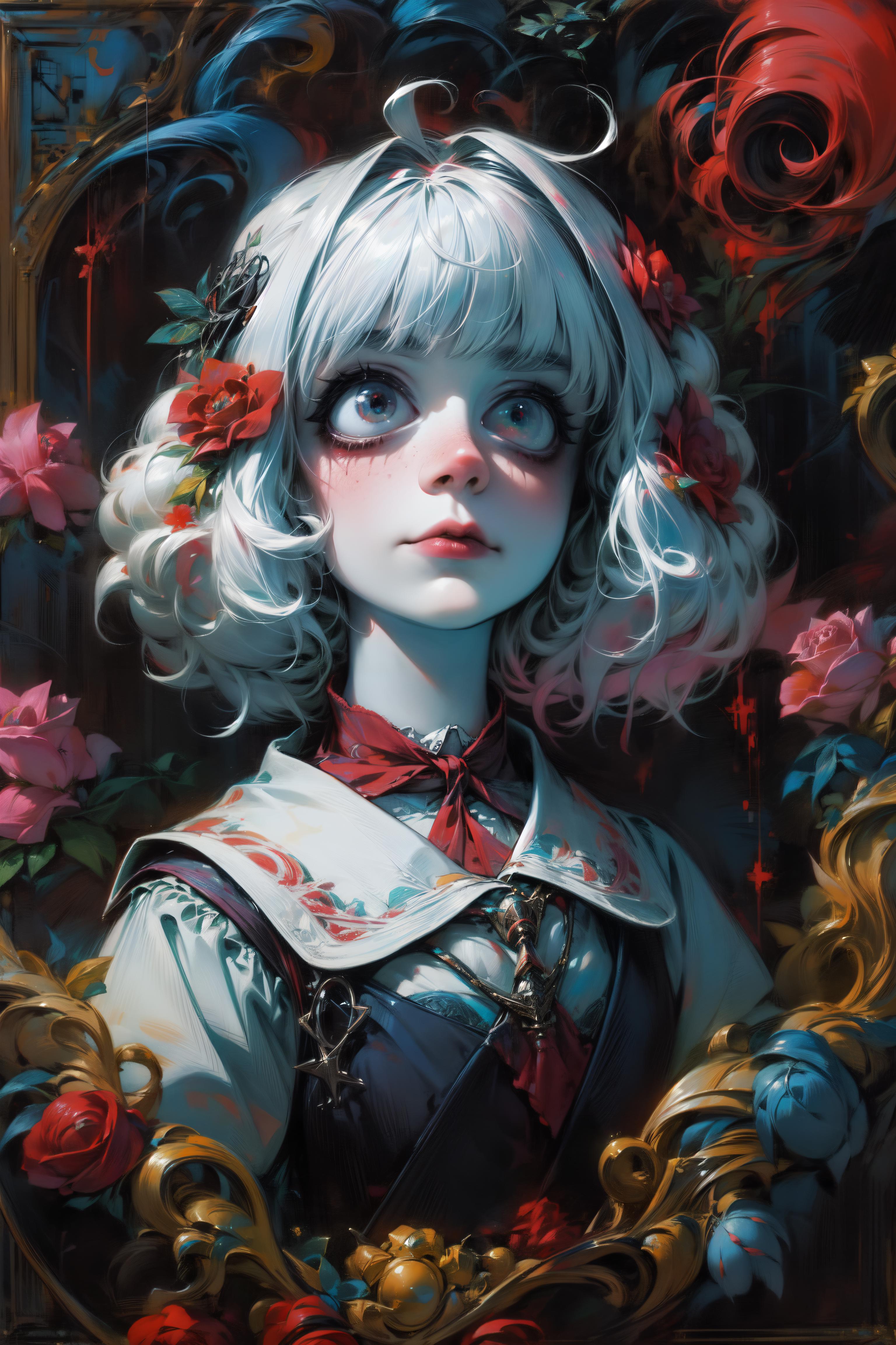 A girl with white hair, red bow, and blue eyes, surrounded by flowers.