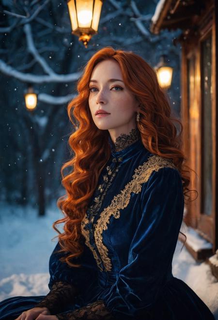 A night time photo of a beautiful woman, 50 years old, with long curly orange hair with gray highlights. and freckles, wearing a dark blue velvet Victorian dress with bright gold lace, sitting alongside a dark cave lit by Victorian lanterns, full body view. Snow covered ground, snowing,
in the style of ilya kuvshinov and range murata and artgerm. shallow depth of field, vignette, highly detailed, high budget, bokeh, cinemascope, moody, epic, gorgeous, film grain, grainy, dark shadows, DarkFantasy, photo, cinematic,