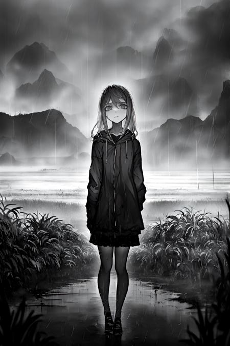 ((masterpiece)),((best quality)),8k,high detailed,ultra-detailed,intricate detail,((1girl))ï¼ (melancholic:1.2), (gloomy atmosphere:1.1), standing alone in a desolate, mist-covered landscape, (sad expression:1.2), (teary-eyed), (soft lighting:1.1), creating a poignant and emotional scene, (pastel colors:1.1), muted and subdued color palette, (loneliness:1.2), (wind-blown hair), (flowing:1.1), (rain:1.2), gentle raindrops adding to the melancholy, (umbrella:1.1), held tightly, (kawaii:0.8), combining sadness with a touch of cuteness, (introspective:1.1), <lora:XSLUA:1>,