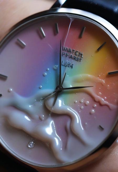 lazypos,aesthetic,extremely aesthetic,masterpiece,flowing,pool of liquid,overflowing,made of l1qu1dp34rl,metal,pearl,liquid pearl,pearlescent,pastel colors,rainbow,watch,no human,pocket watch,watch face,clock face,close up,macro photography,macro photo,liquid,filled,filled with liquid,liquid pouring from watch,oozing,<lora:liquidpearlXL_r1:1>,