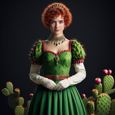 masterpiece, safe_rating, SFW, photorealistic, focus on full body shot of a stunning girl, curly red short hairs, green eyes, looking at viewer, soft smile, long medieval dress to the ankles, jeweled chocker, jeweled diadema, long gloves, dark backround