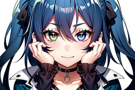 focus face, solo, 1girl, hair over face, hair covering face, dark blue hair, (heterochromia:1.25,green),cute face, smirk, neck, choker, collarbone, cleavage, white collar, coat collar, white coat collar 