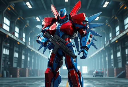 Ultra detailed cinematic 4K Octane render, Unreal Engine 5, trending on Artstation. Vibrant blue Machine Angel robot with striking red metallic armor, red visor, holding a black weapon, confident dynamic pose, standing in a vast stark industrial factory. Captivating dramatic lighting, sharp lines, splash ink illustration elements, matte painting aesthetic, Golden Ratio composition. CGSociety.