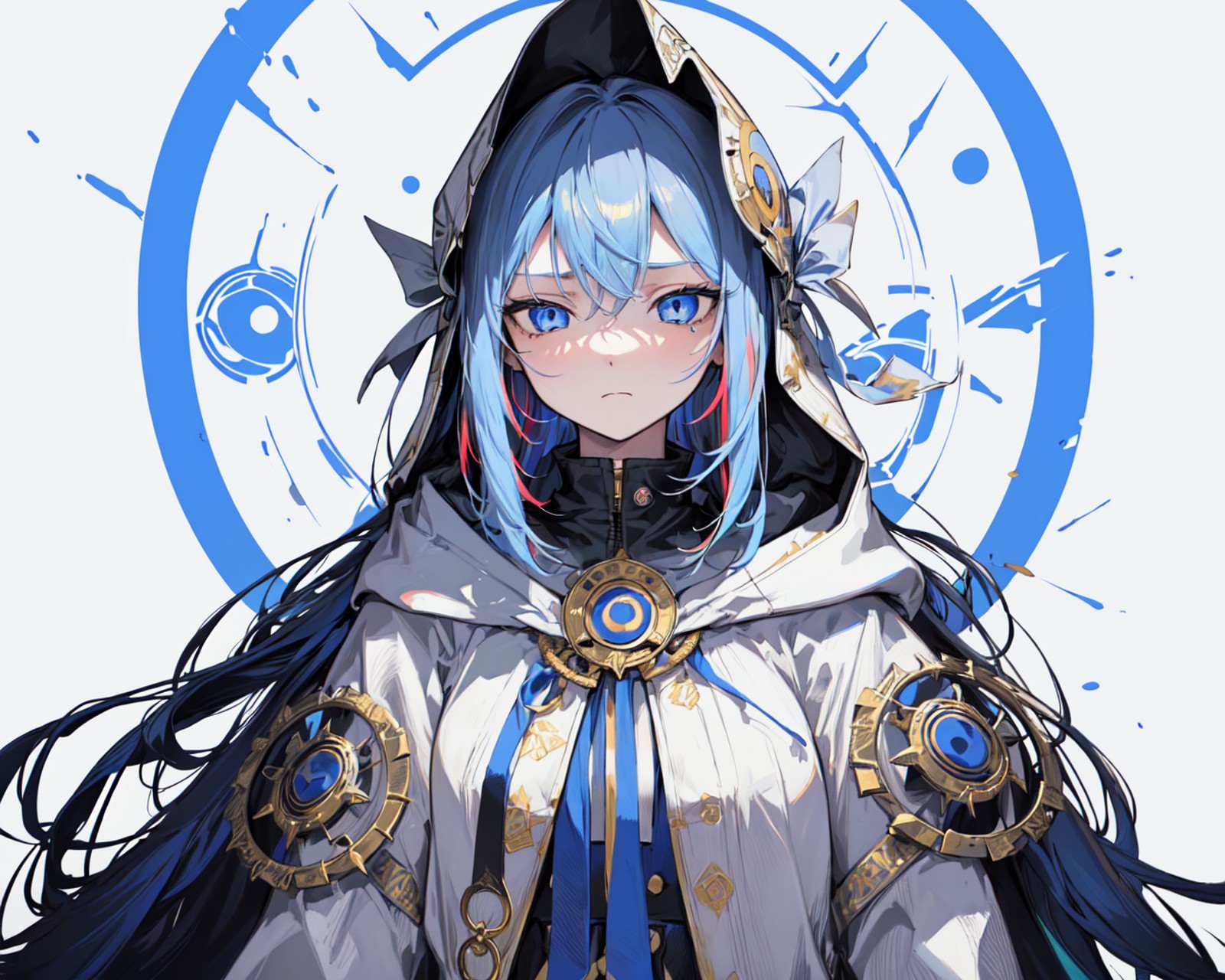 (best quality, masterpiece), (1girl, solo, hood, expression face, standing, looking at viewer, half closed eyes, cap, blue...