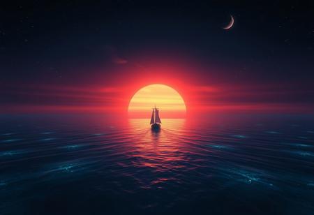 A majestic cinematic shot frames the lone ship gliding across the deep blue ocean, against the breathtaking backdrop of a fiery orange-pink sunset dissolving into inky blackness. The crescent moon casts a soft glow, illuminating the bioluminescent water's shimmer. The vast ocean and celestial sky evoke tranquility, wonder, and awe, while the solitary ship adds mystery and adventure, inviting the viewer to embark on a fantastical journey across the starry sea.