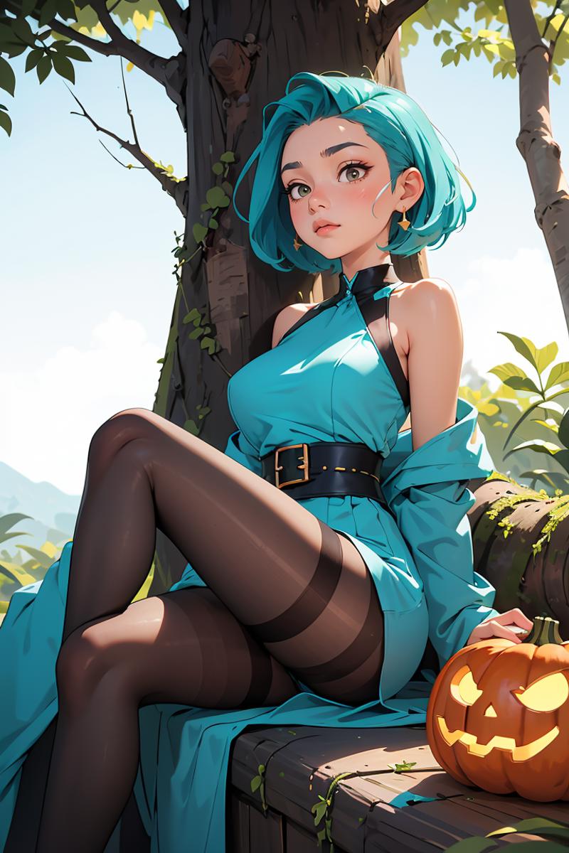 A drawing of a woman with blue hair, wearing a blue dress, and sitting on a log with a pumpkin.