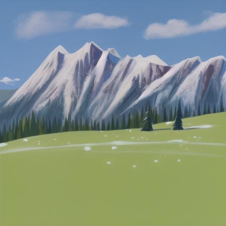 <lora:hannabarberan:1> hanna barbera, realism, grassland, blue sky, grass, nature, scenery, outdoors, clouds, flowers, pines, national park, mountains, snowy mountain