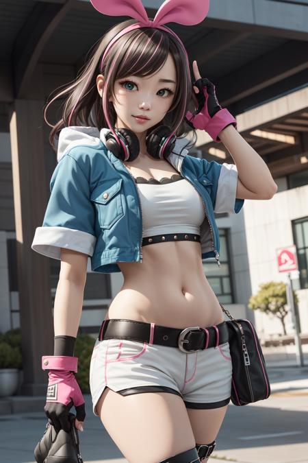 kizuna ai, a girl cowboy shot <lyco:KitsuneAi-KizunaAi-LoCon32V1:0.8>
gloves, fingerless gloves, shorts, open clothes, navel, open jacket, belt, jacket, black shorts, hairband, midriff, short shorts, headphones around neck, short sleeves, headphones, alternate costume, stomach, thigh strap, pink hairband, black gloves, shoes, pouch, belt pouch, white shirt, socks, official alternate costume, cropped jacket, buckle, sneakers, belt buckle, shirt, crop top, blue jacket, strapless