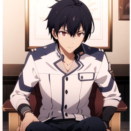 1boy, solo, black hair, male focus, uniform, white shirt, (brown eyes|red eyes:0.75), expressionless, sitting, on chair, <lora:AnosVoldigoad:0.6>