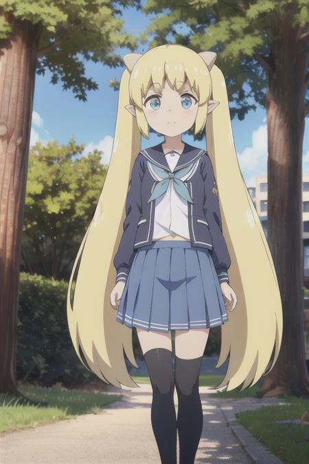 <lora:CuV1.2:.6>, cu, 1girl,  blonde hair, blue eyes, twintails, horns, pointy ears, very long hair,  solo, school uniform, skirt, outdoors, park, 