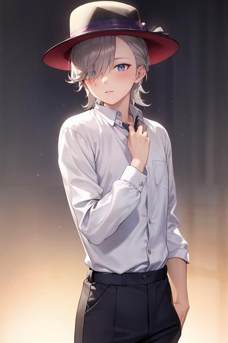 lyney,1boy, solo,facial mark,cape, top hat,bow,ribbon,short hair,grey hair, hair over one eye, purple eyes, bowtie,white shirt,black gloves, detached sleeves,blck shorts,black thighhighs, 