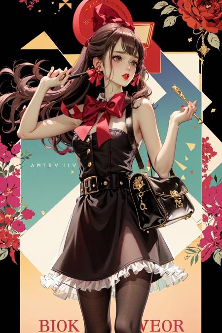 1girl, long hair, brown hair, dress, bow, holding, jewelry, weapon, flower, hair bow, pantyhose, earrings, sleeveless, solo focus, striped, bag, holding weapon, black dress, red bow, english text, lips, gun, makeup, rose, cover, ring, lipstick, holding gun, pink flower, handgun, out of frame, handbag, red lips, fashion, cosmetics, lipstick tube, applying makeup,
 <lora:matsuo:1>