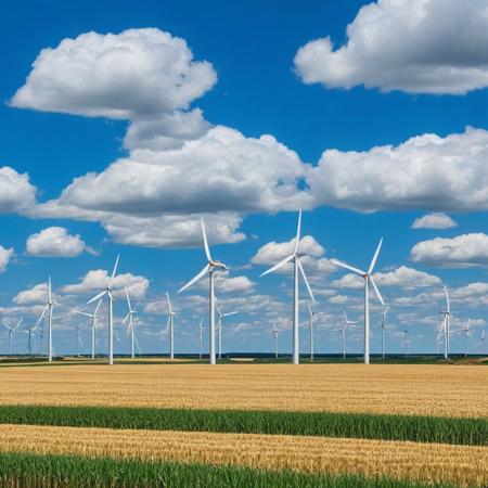 Windmills with 4 grinding blades rotating by the force of the wind activating it, background large wheat fields and blue sky with cumulus clouds