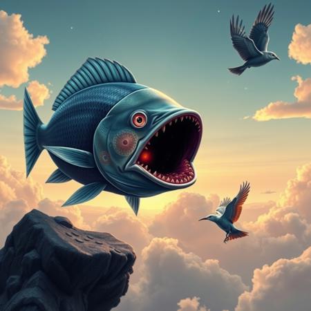 score_9, score_8_up, score_7_up, a cosmic fish with a black hole in its mouth hunting a bird flying in the sky