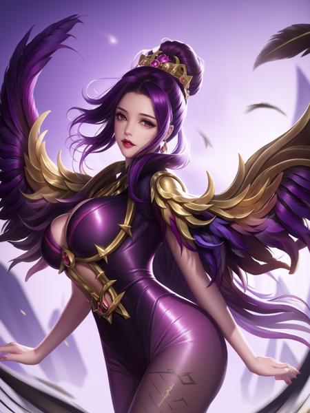 hair ornament,pantyhose,purple bodysuit,feathers,cityscape,lake,looking at viewer,jewelry,huge breasts,arms behind back,wings,high ponytail,<lora:miyue_20230709210353-000008:0.8>,crown braid,hair bun,