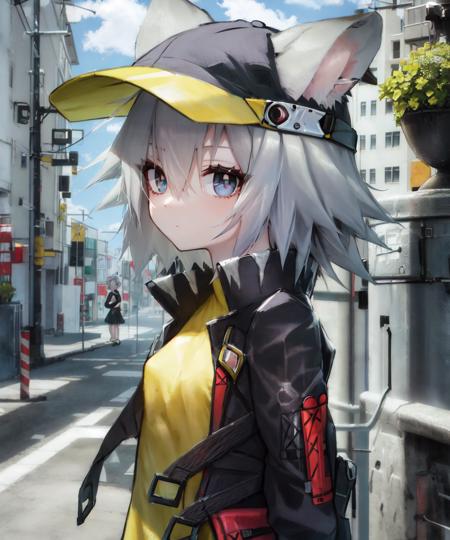 masterpiece, best quality, <lora:ClickV1:0.7>, 1girl, click (arknights), animal ears, mouse ears, mouse girl, short hair, hair between eyes, grey hair, blue eyes, small breasts, black baseball cap, ears through headwear, yellow shirt, black jacket, black skirt, open jacket, street, portrait, from side, looking at viewer, upper body, close-up